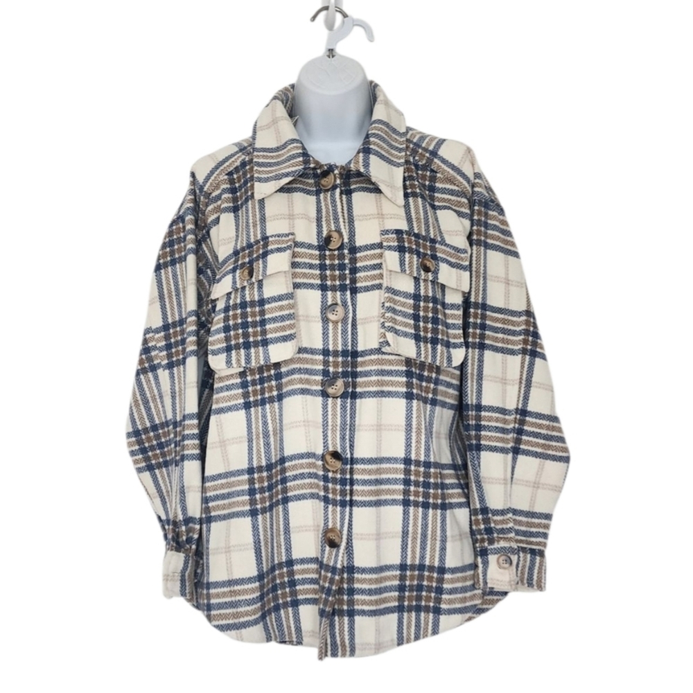 NWT Melrose With Love Plaid Shacket Jacket Size Large Heavy Knit Pockets Cream.